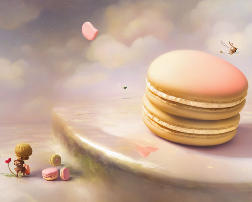 Whimsical giant macaron illustration in dreamy landscape