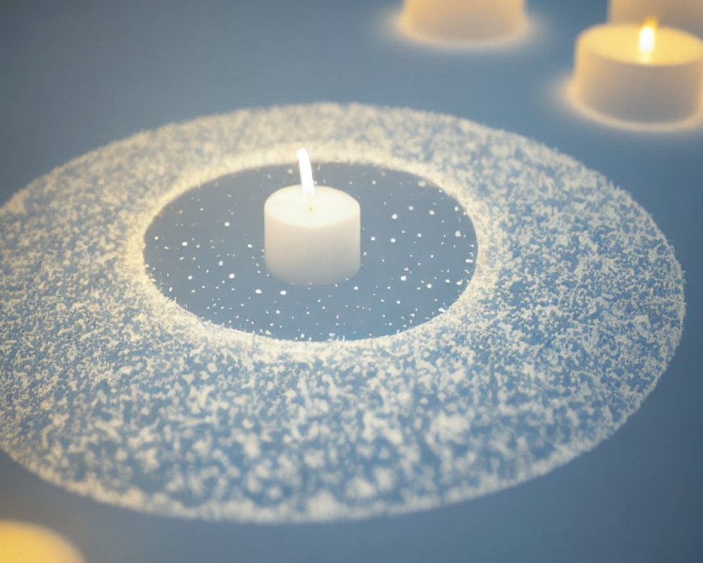 Circular arrangement of five lit candles on powder-covered surface