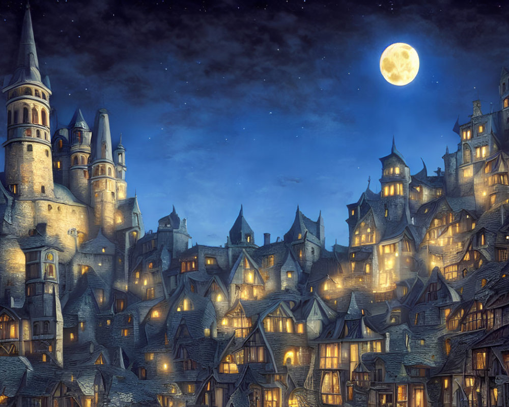 Medieval-style village night scene with starry sky and full moon