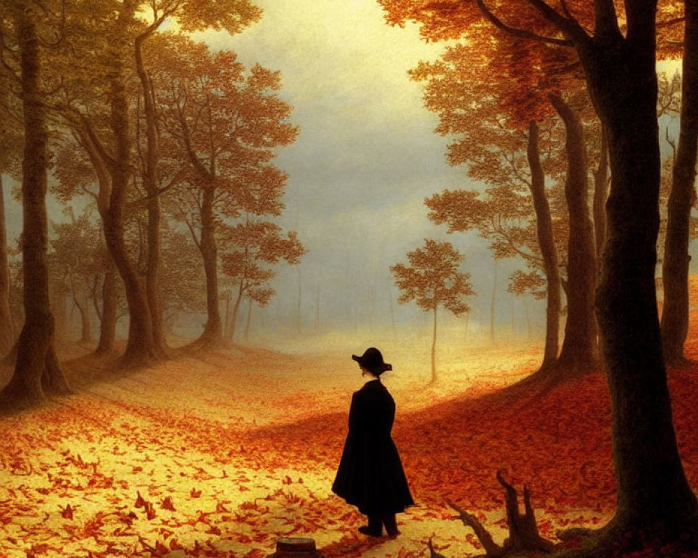 Figure in Hat and Cloak Amidst Autumn Forest with Golden Leaves