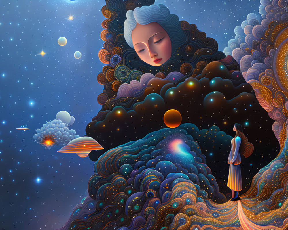 Surreal illustration: Woman gazes at cosmic female figure
