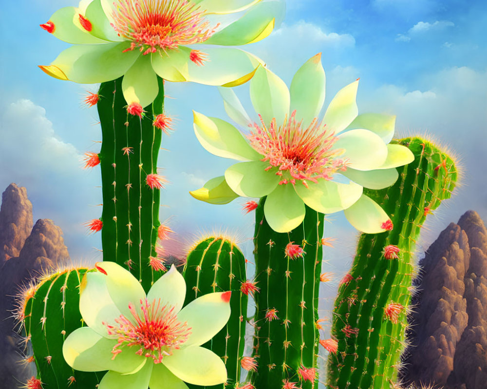 Colorful cacti with white flowers against mountain backdrop