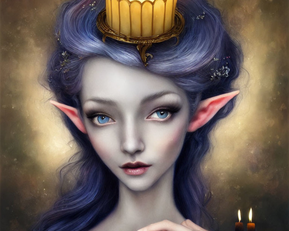 Fantasy female character with blue hair holding a candle under chandelier