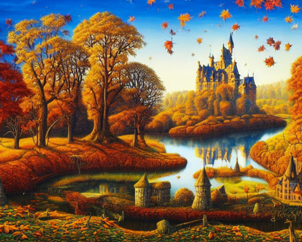 Scenic autumn landscape with castle, colorful trees, serene lake