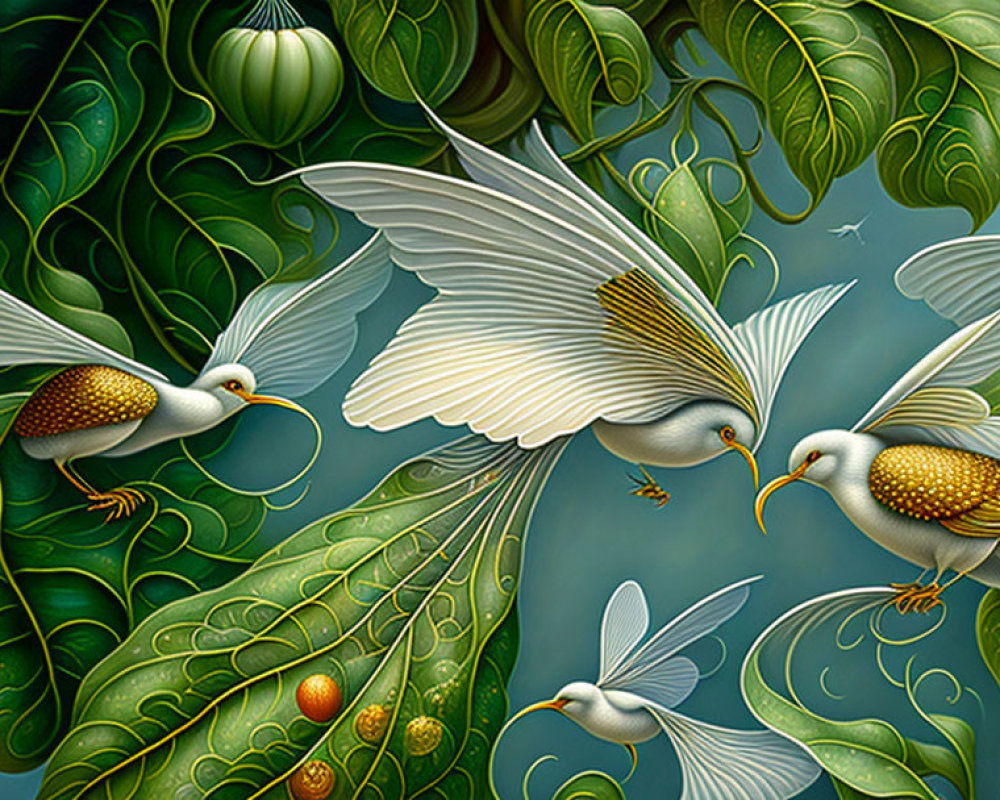 Golden birds with leaf-like wings flying amid green foliage and swirling patterns.