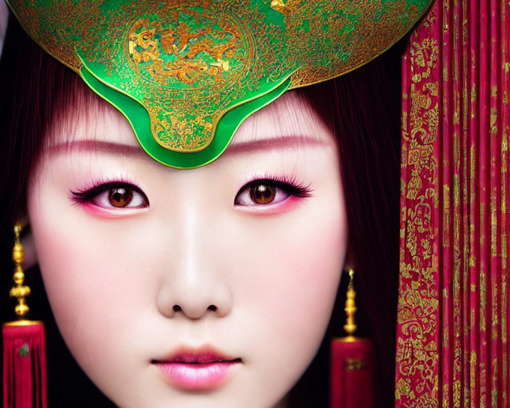 Close-up portrait of woman with striking make-up and Chinese headdress against red curtains