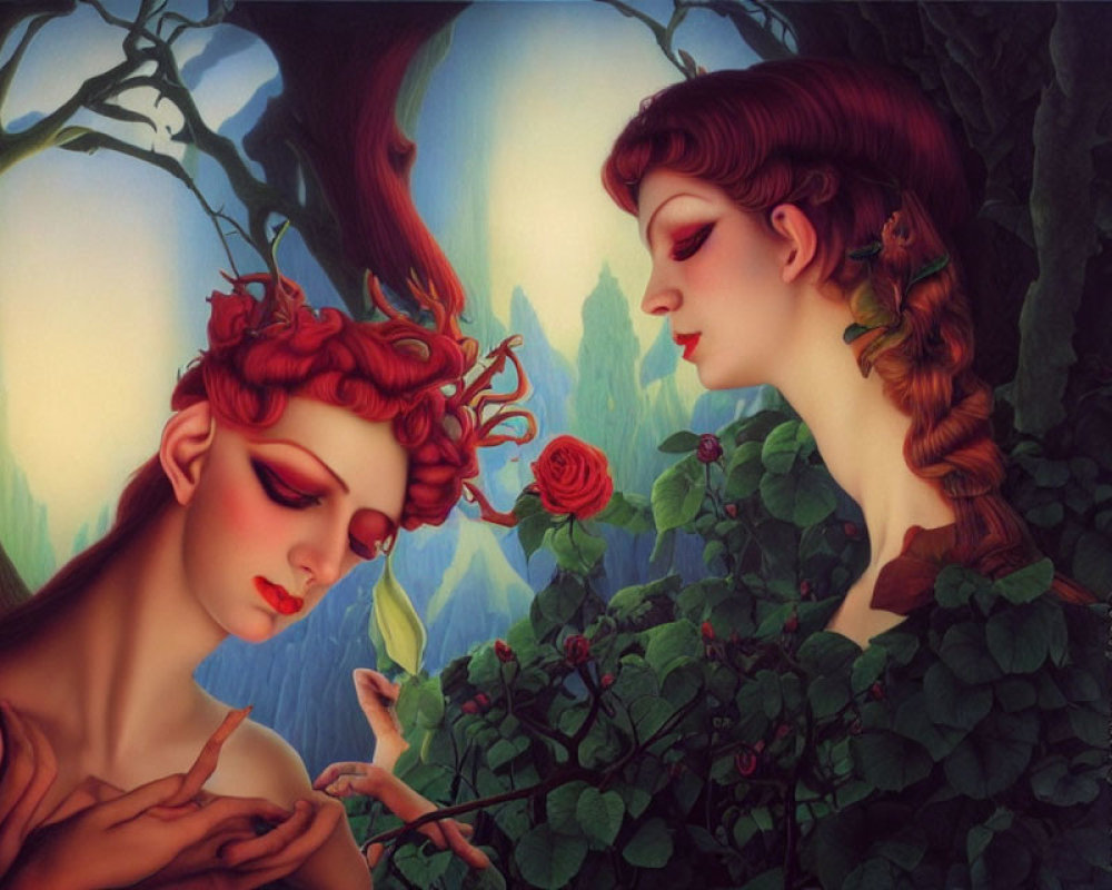 Stylized female figures with intricate hairstyles and rose in lush greenery landscape