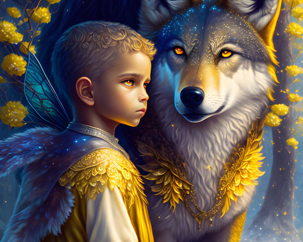 Young boy with golden winged attire and large wolf in mystical scene with yellow flowers.