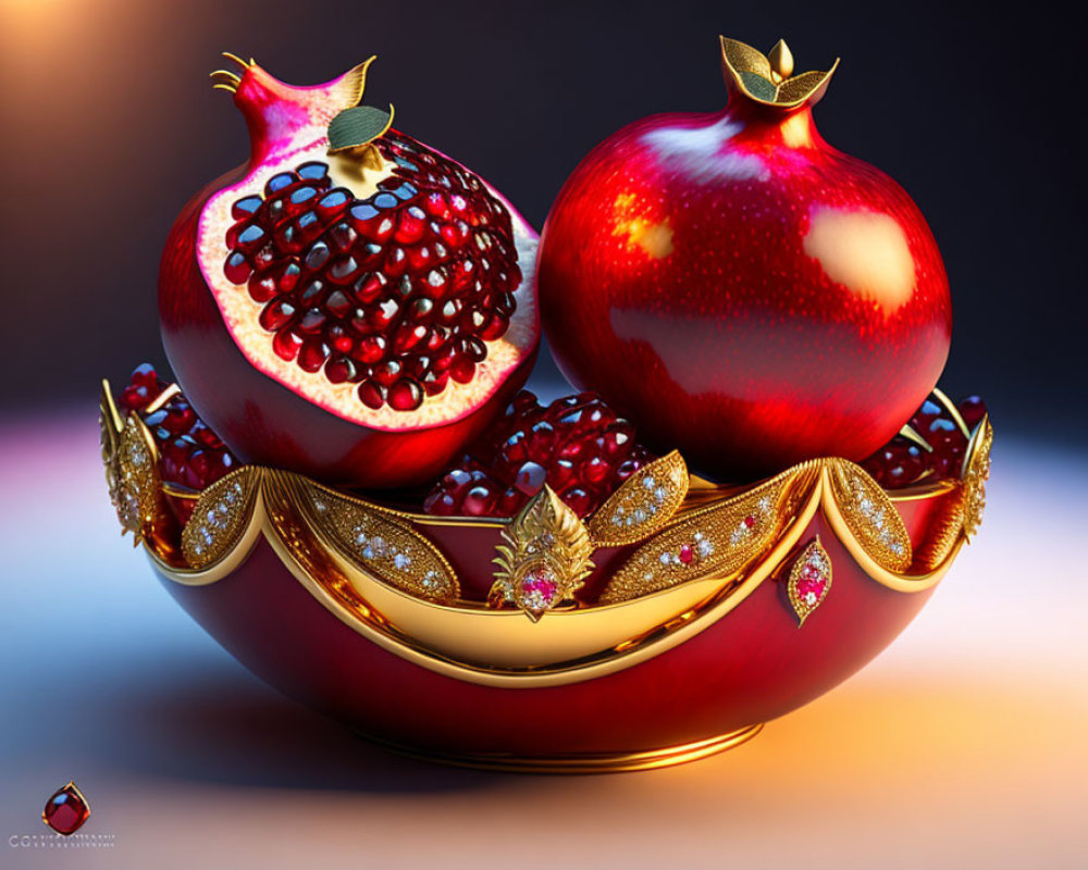 Digital artwork of half-open pomegranate and whole fruit in golden bowl on gradient background