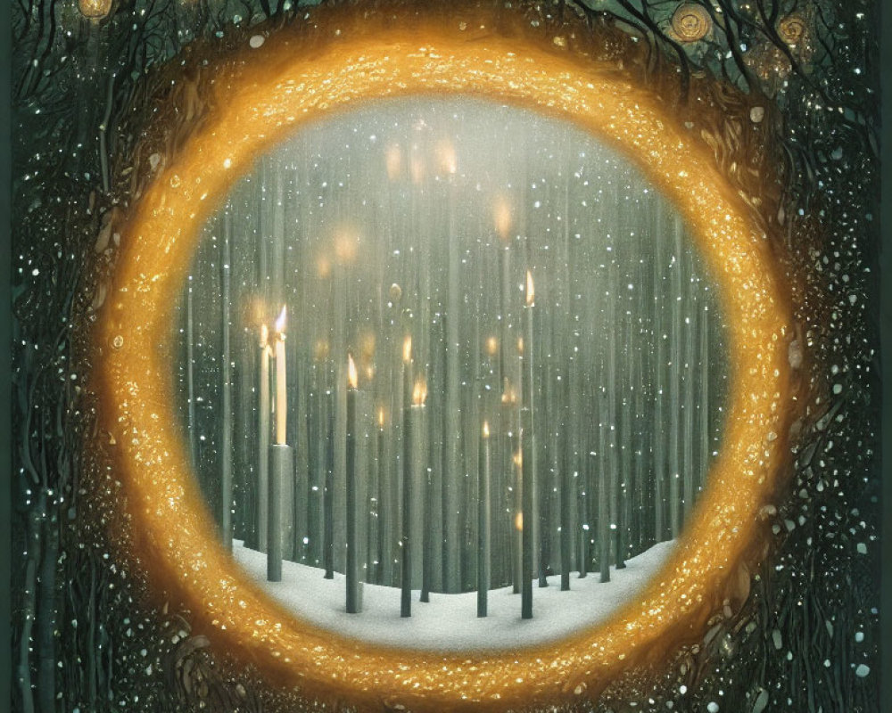 Enchanting winter scene with candles, snowy ground, glowing archway, and starry sky