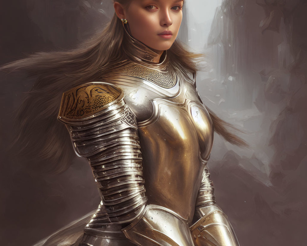Digital artwork: Woman in ornate medieval armor with gold detailing