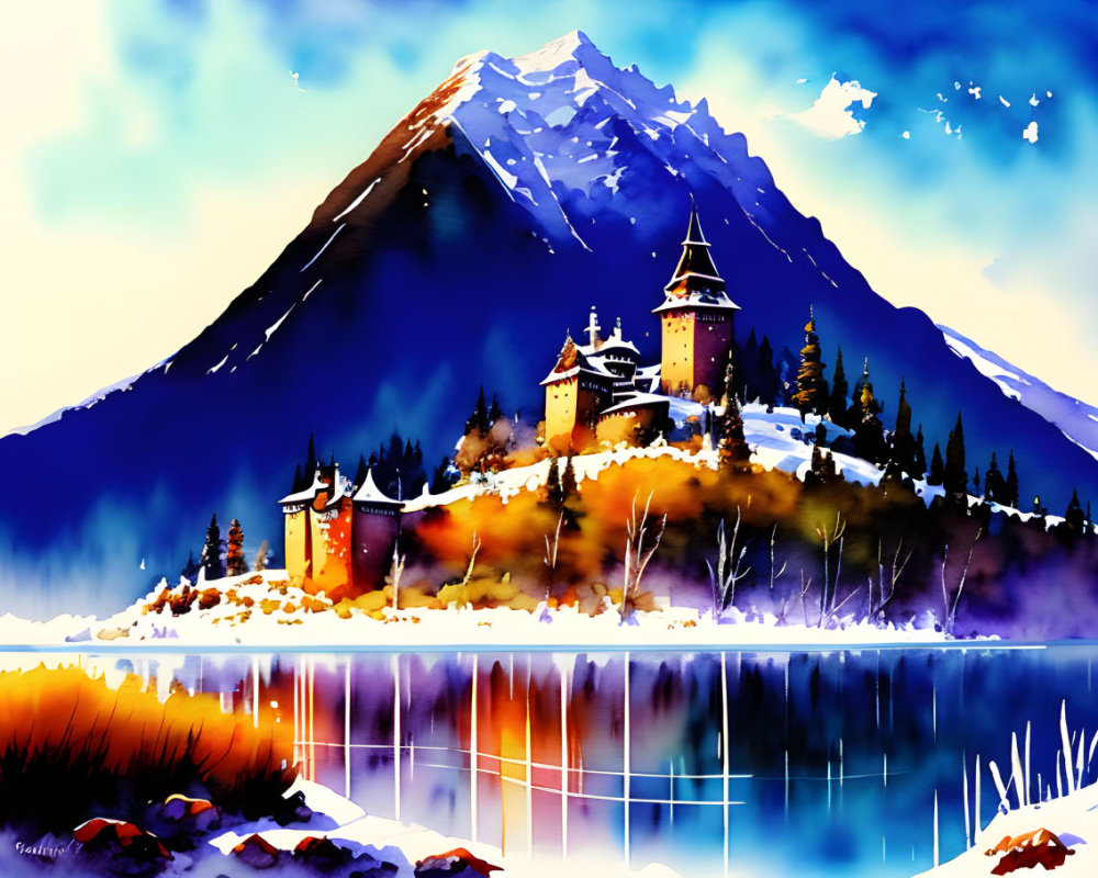 Castle with spires in snowy landscape watercolor painting.