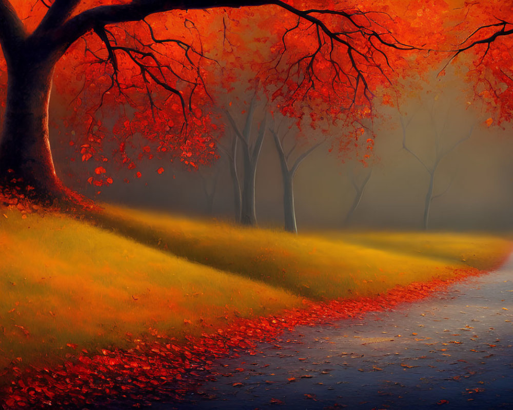 Vibrant red and orange autumn canopy with fallen leaves and misty trees