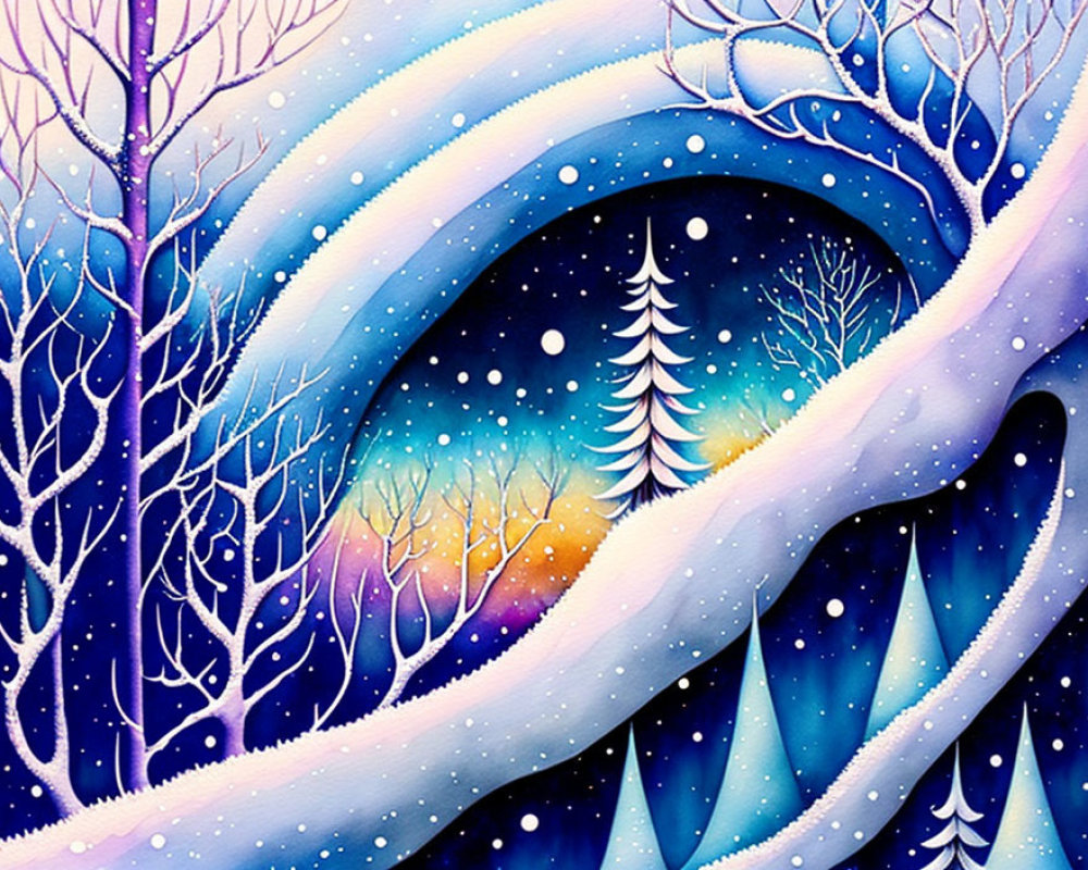 Vibrant winter landscape with bare trees and swirling snow