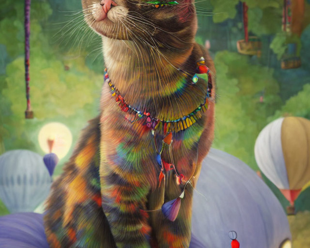 Vibrant cat illustration with rainbow fur on purple surface