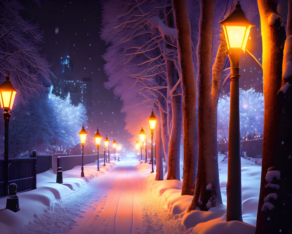 Snow-covered pathway with glowing street lamps and trees on a tranquil winter night