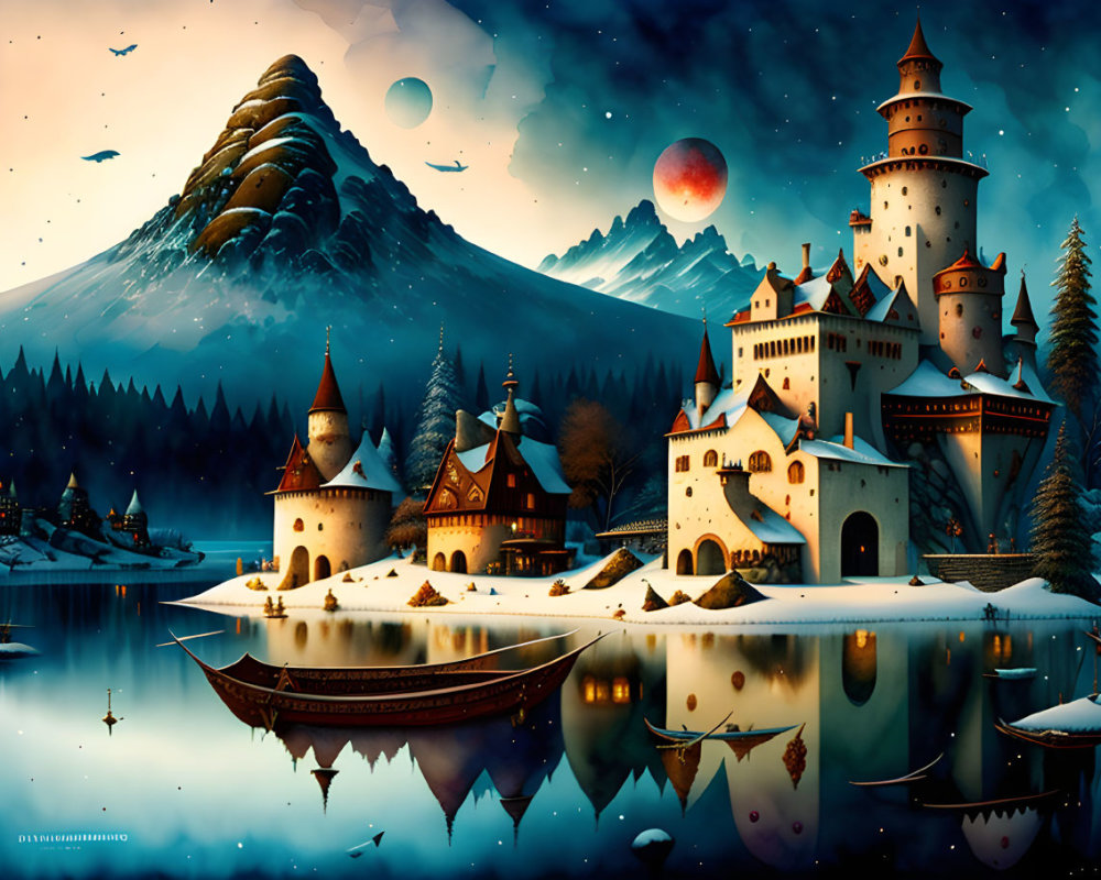 Fantasy landscape: castle by lake, twilight sky, two moons, snowy mountains