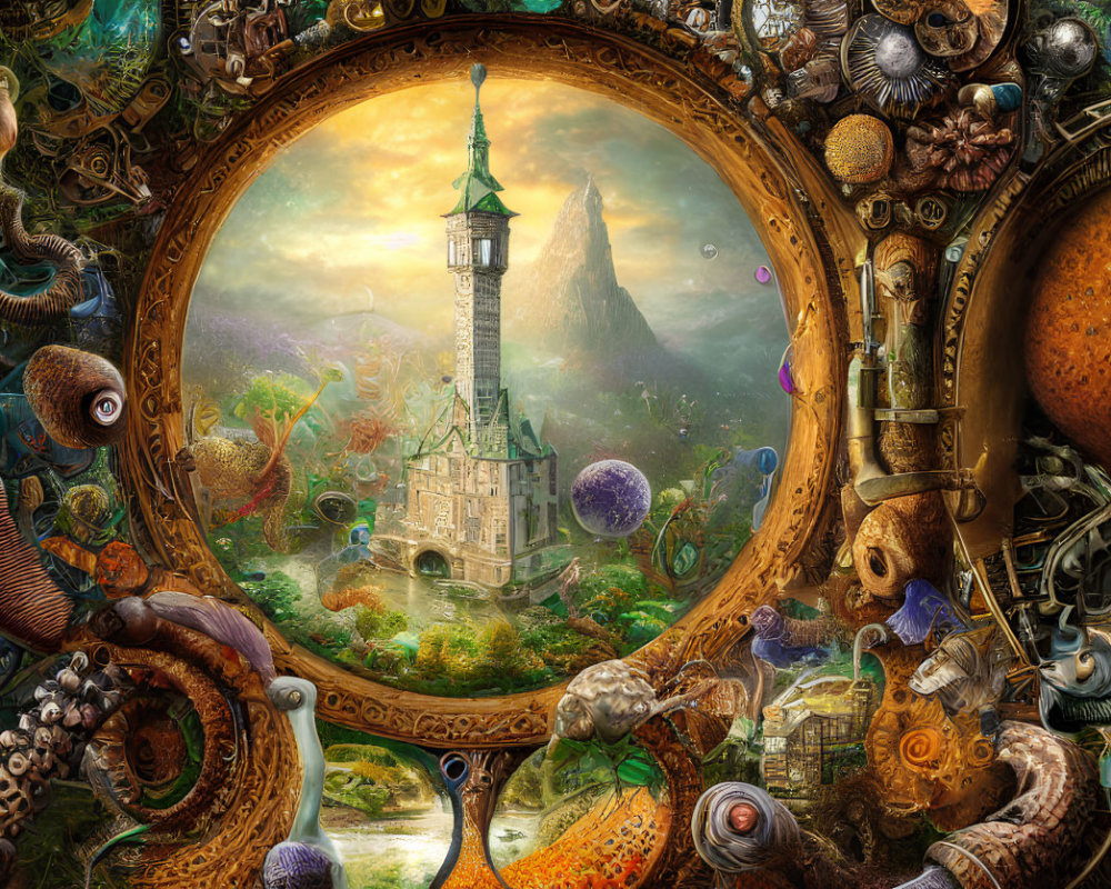 Steampunk portal with castle in whimsical landscape