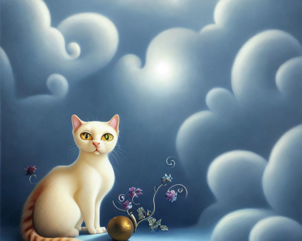 Whimsical white cat with ginger spots on cloud with golden orb and purple flowers
