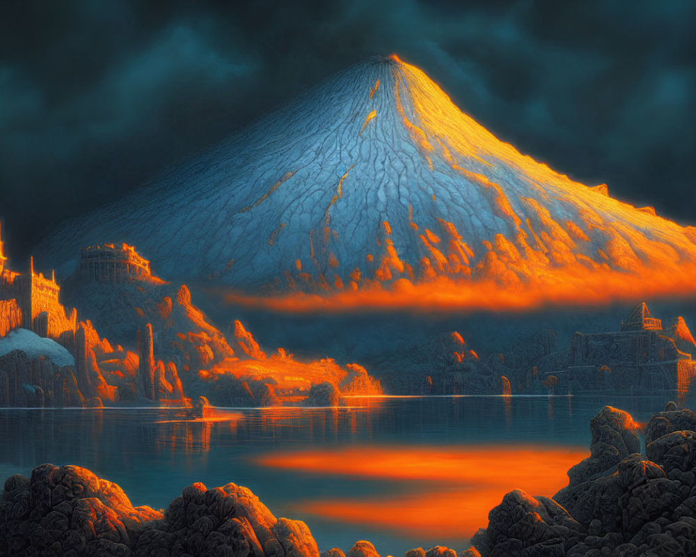 Fantasy landscape with glowing lava flow and ancient castle by the sea
