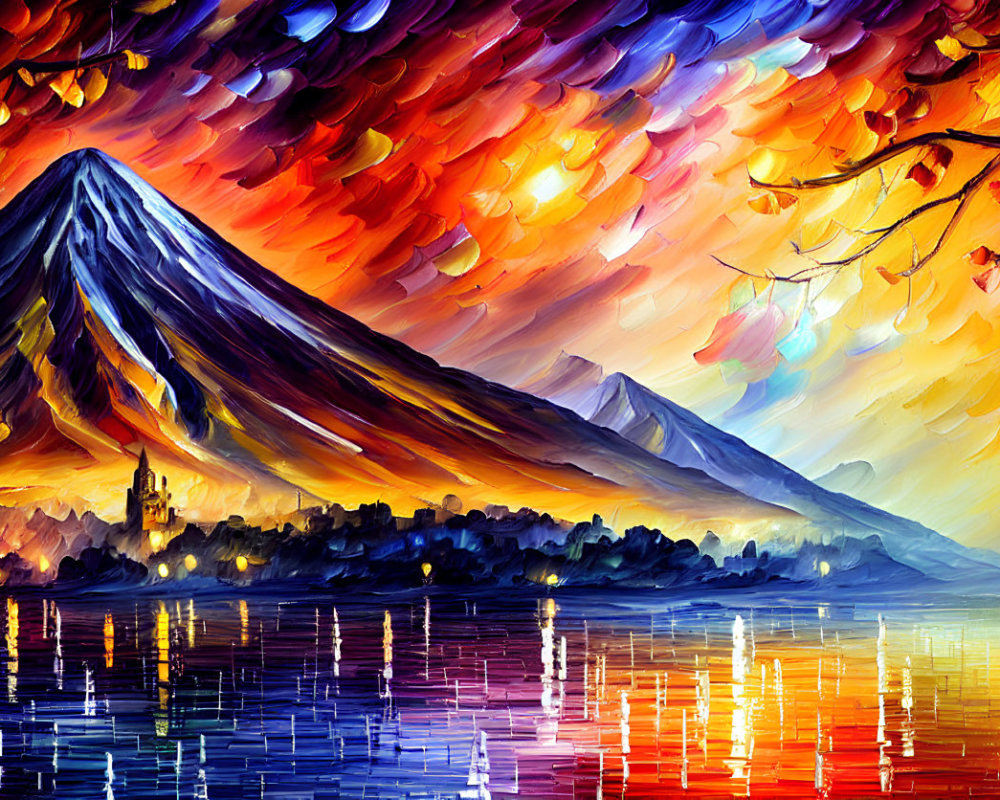Colorful painting of mountain, lake, autumn foliage & village at dusk