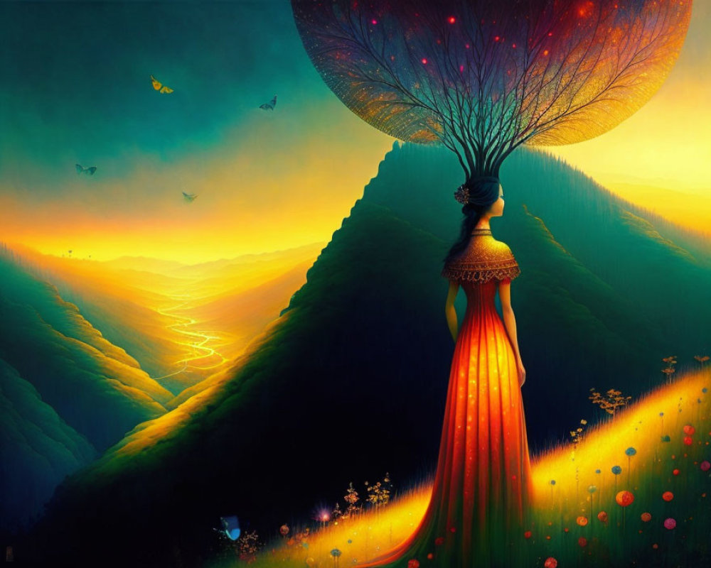 Surreal landscape with figure in red gown and glowing headdress overlooking vibrant valley at sunset