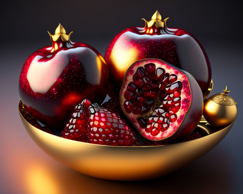 Detailed hyper-realistic digital artwork of ripe pomegranates in golden bowl on dark background