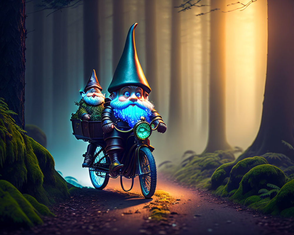 Whimsical gnomes on vintage motorcycle in mystic forest