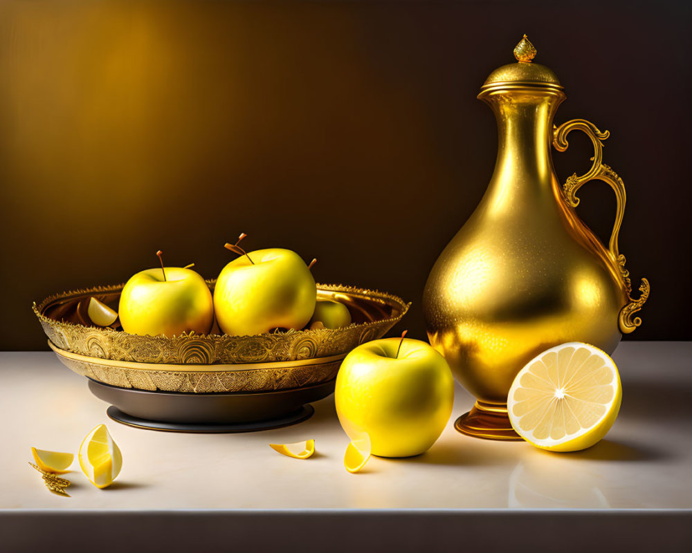 Golden pitcher, tray with apples, lemon slices on reflective surface.