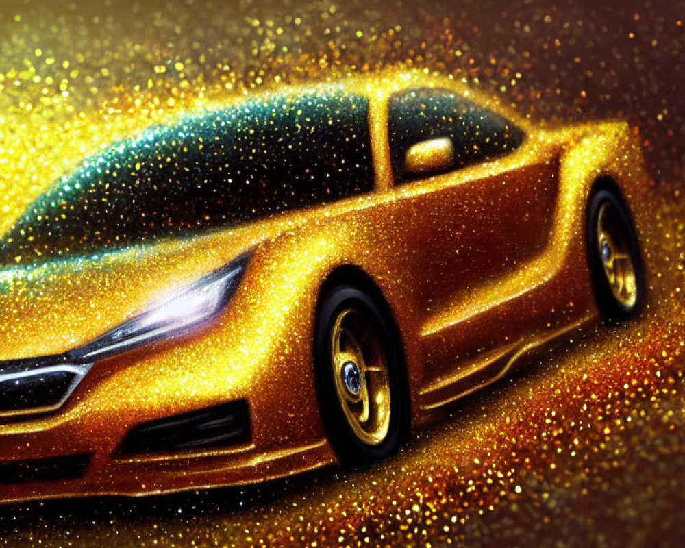 Luxurious Golden Car with Glittery Finish on Sparkling Background