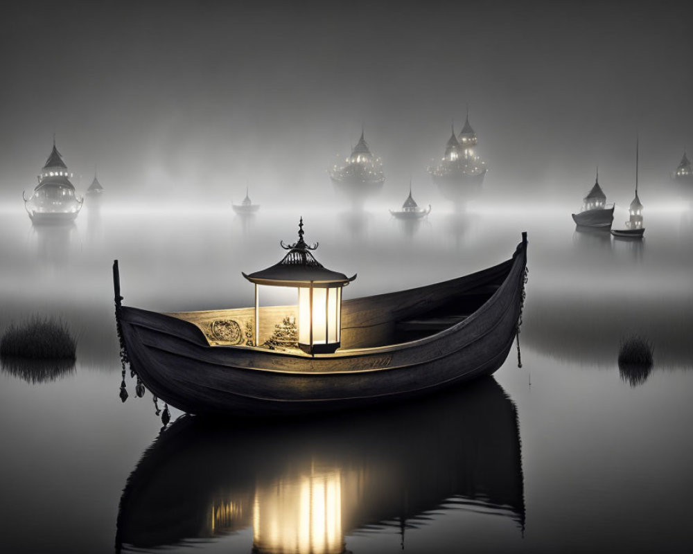 Traditional boat with lit lantern on misty water and pagoda silhouettes