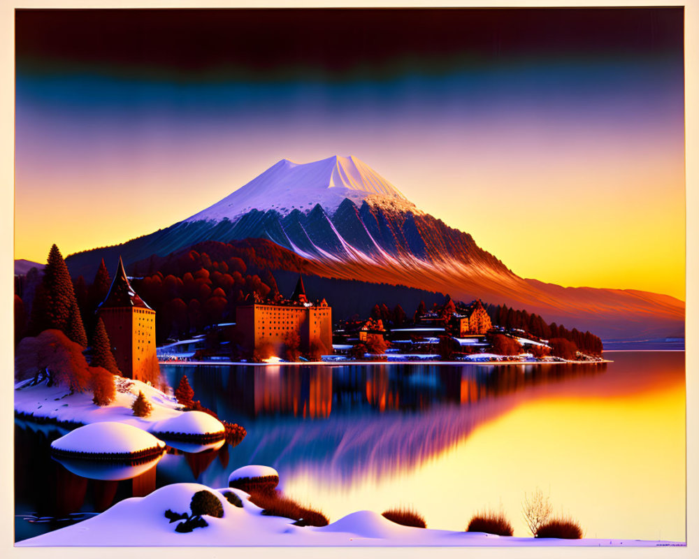 Snow-Capped Mountain Sunset Over Lake and Castle