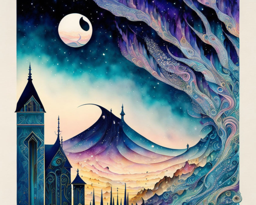 Surreal artwork: Starry night sky, flowing patterns, stylized architecture, crescent moon