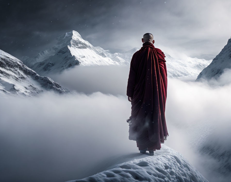 Monk in red robe gazes at snowy cliff and mountain peak under starlit sky