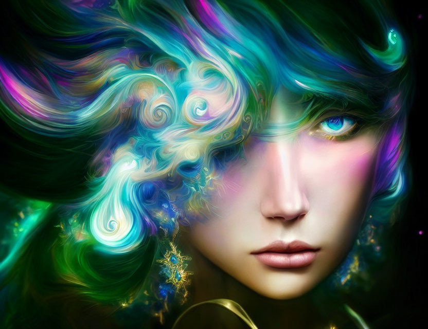 Vibrant digital artwork: person with swirling blue, green, and purple hair