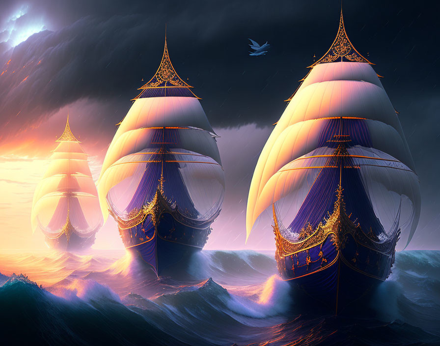 Three ornate ships sail on tumultuous waters under a dramatic sunset sky.