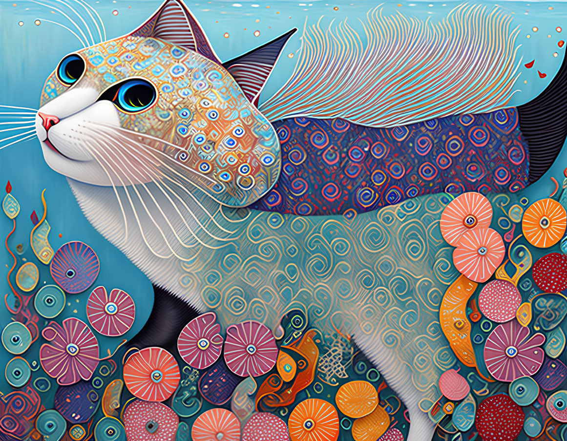 Whimsical cat swimming underwater with patterned fur and sea plants