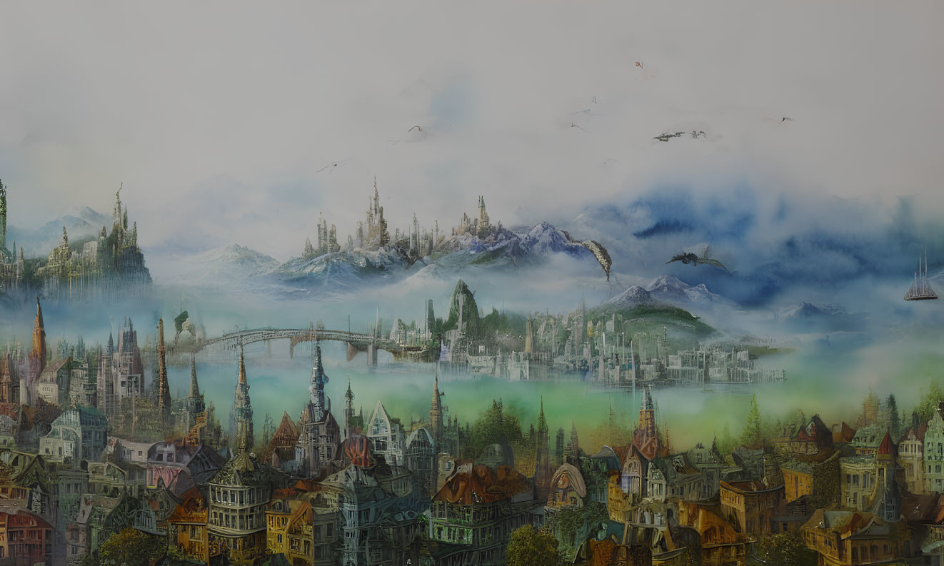 Panoramic fantasy landscape with ethereal cities, misty mountains, and serene lake