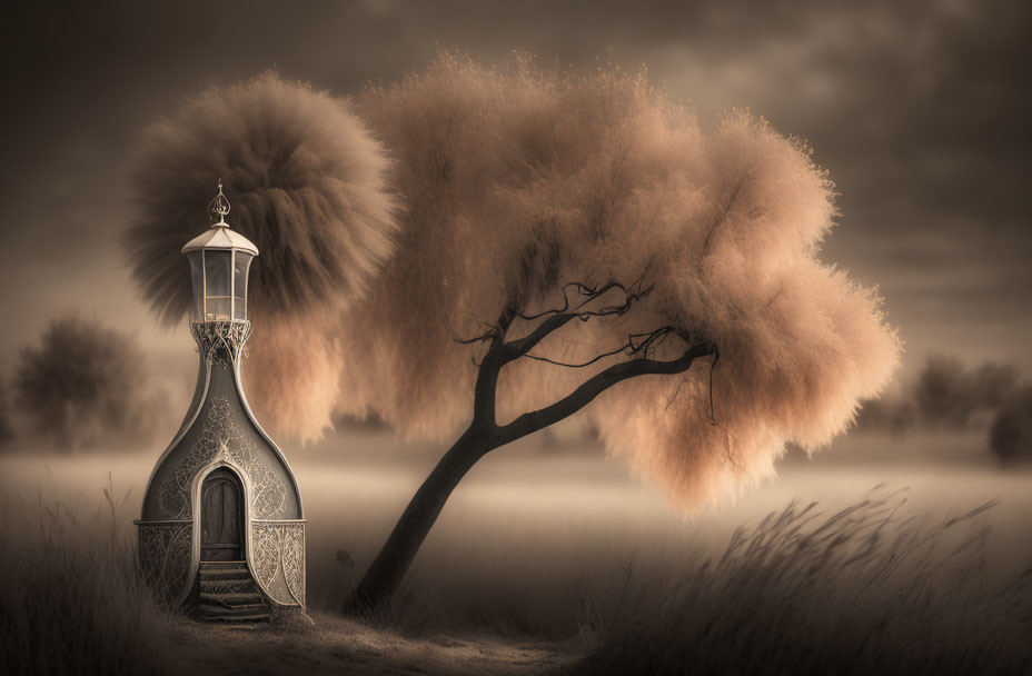 Sepia-Toned Surreal Landscape with Lantern-Like Structure, Tree, and Serene Field
