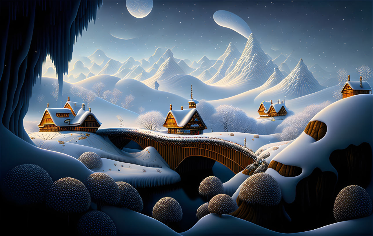 Snowy winter night scene with cozy houses, frozen river, starry sky, and ringed planet