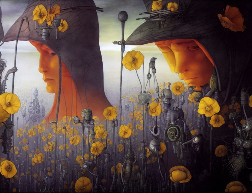 Stylized figures in hats with poppies, overlooking poppy field and mechanical structures