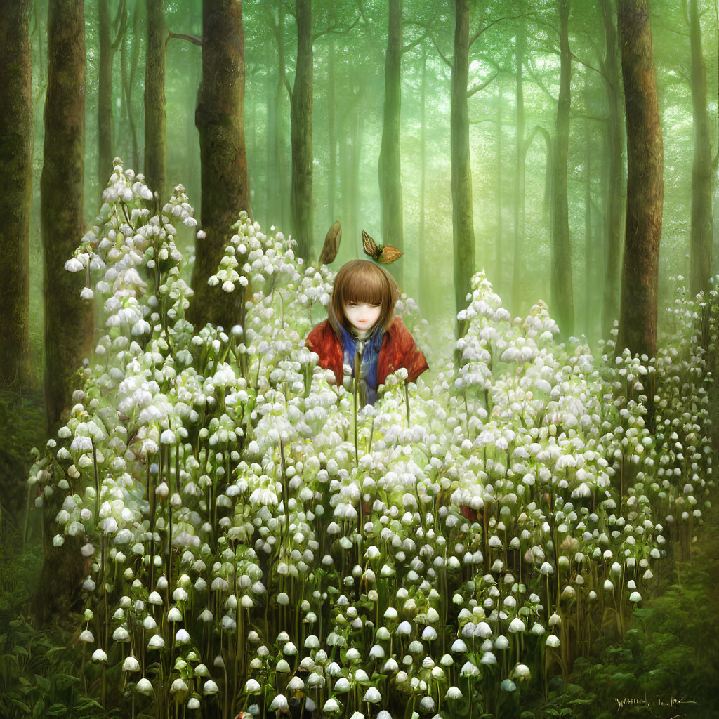 Child in Red Cloak Surrounded by White Flowers in Misty Forest