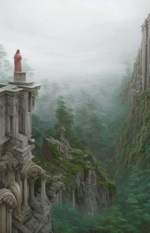 Person standing on ancient column in misty forest cliffside ruins