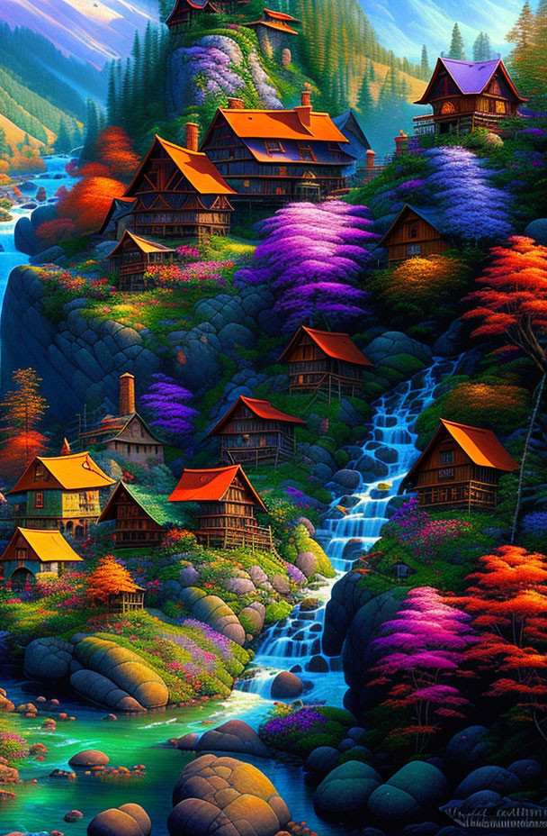Colorful Fantasy Village Nestled in Mountainous Landscape