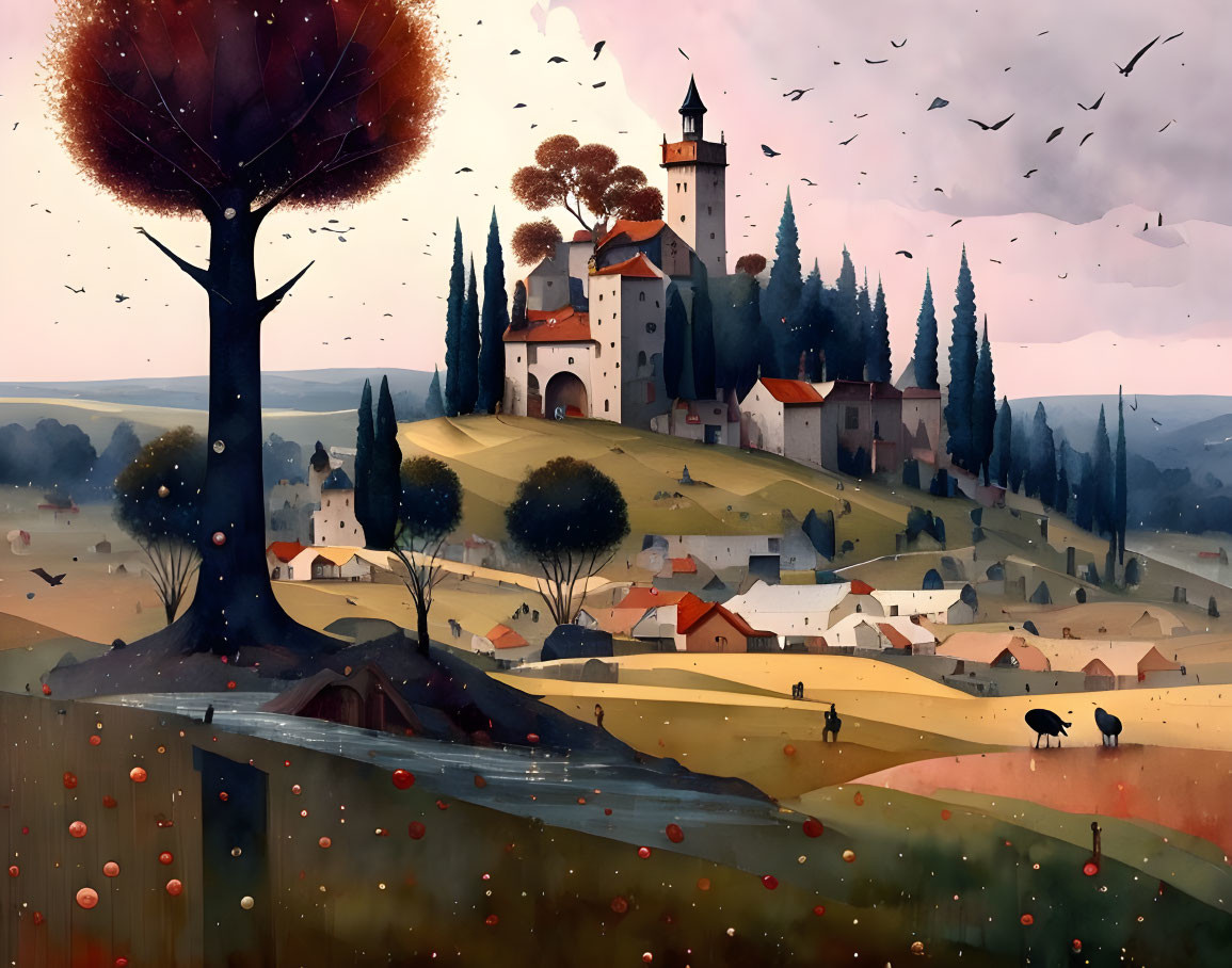 Colorful artwork featuring countryside scene with tree, castle, houses, pastures.