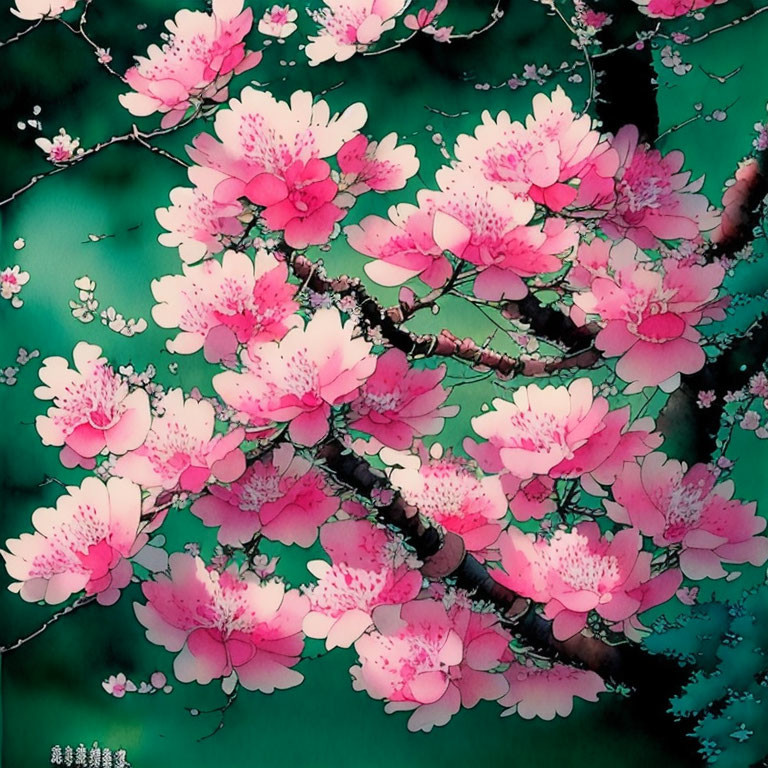 Soft-focus pink cherry blossoms against green background: artistic rendering