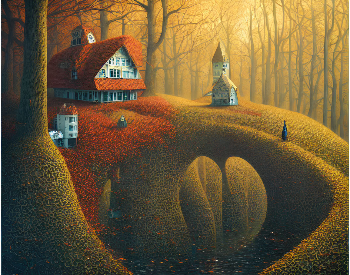 Whimsical autumn scene: house on stone bridge in golden forest