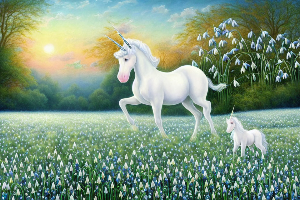 White unicorns in blooming field with lilies under dawning sky