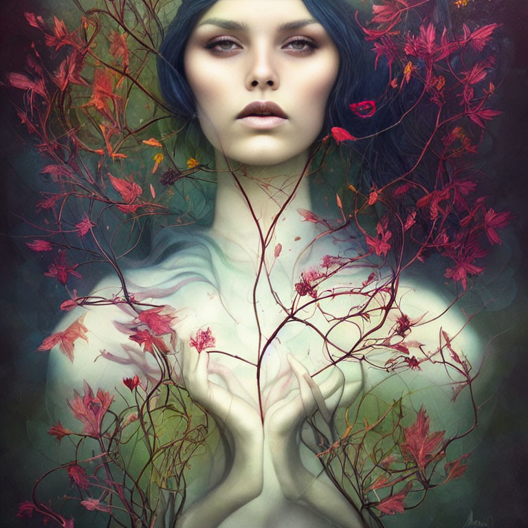 Surreal portrait of woman intertwined with autumn leaves and branches