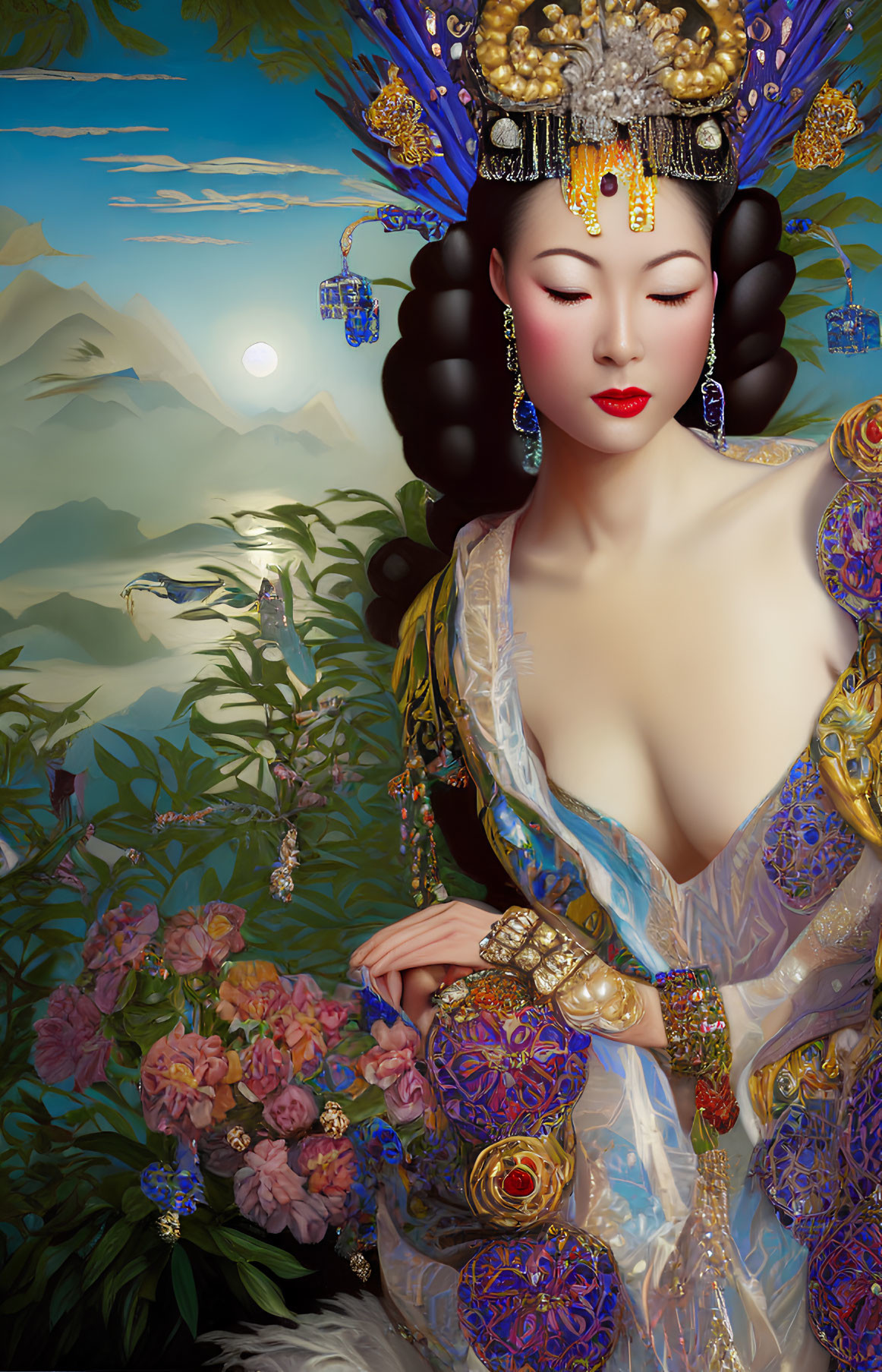 Traditional Chinese Attire Woman Sitting Among Mountains and Flowers